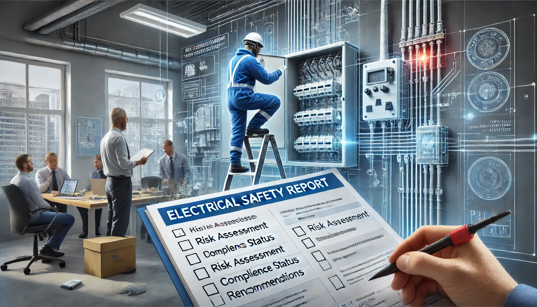 An electrician in safety gear inspects a control panel while others discuss in an office. A checklist labeled “Electrical Safety Report” highlights electrical hazard assessment, compliance, and recommendations in the format of an electrical safety report.