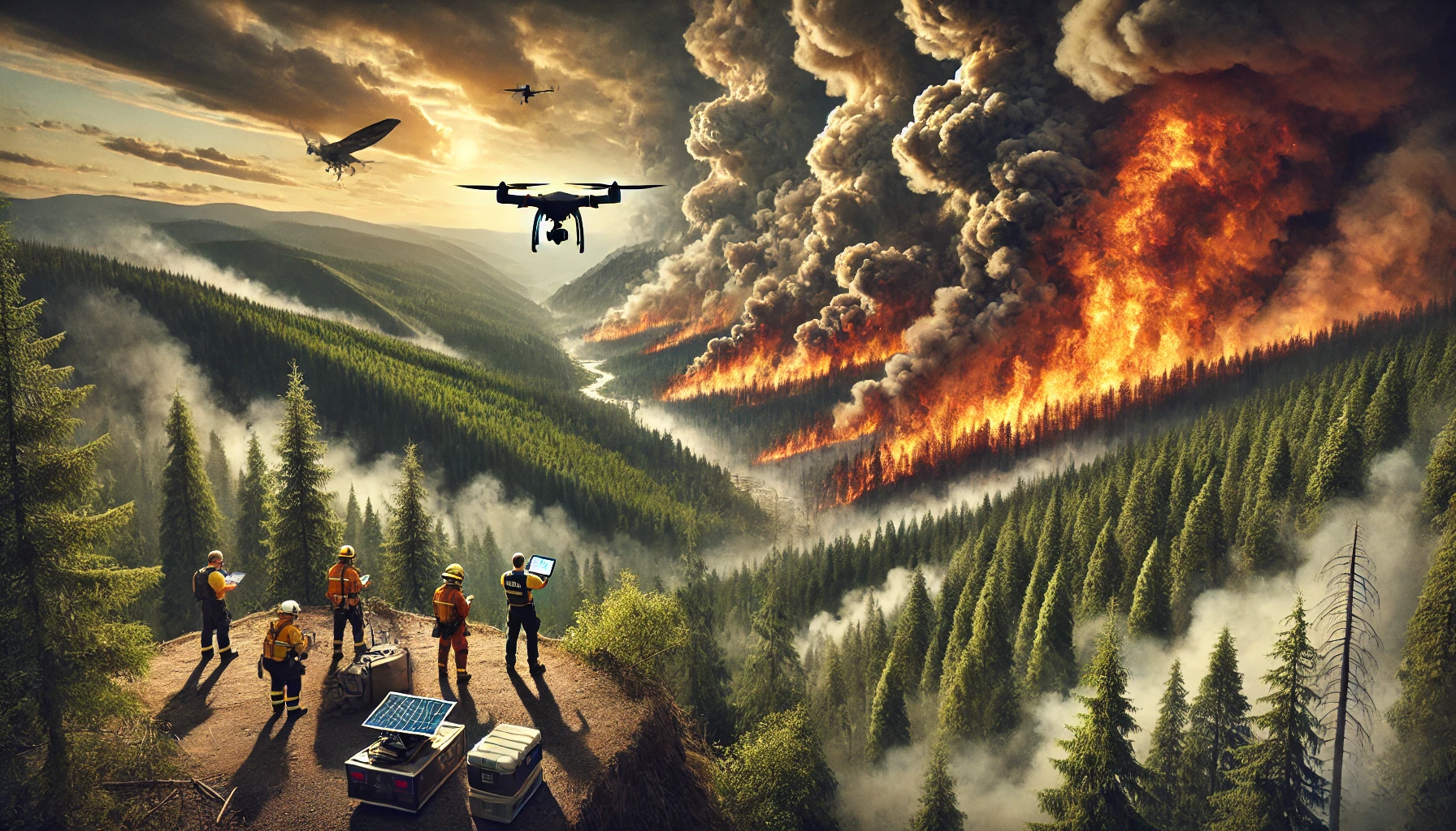 Firefighters and drones monitor a large forest wildfire, using advanced technology and solar-powered equipment. An electrical safety inspection ensures all their tools meet safety compliance standards as smoke and flames rise over the dramatic valley.