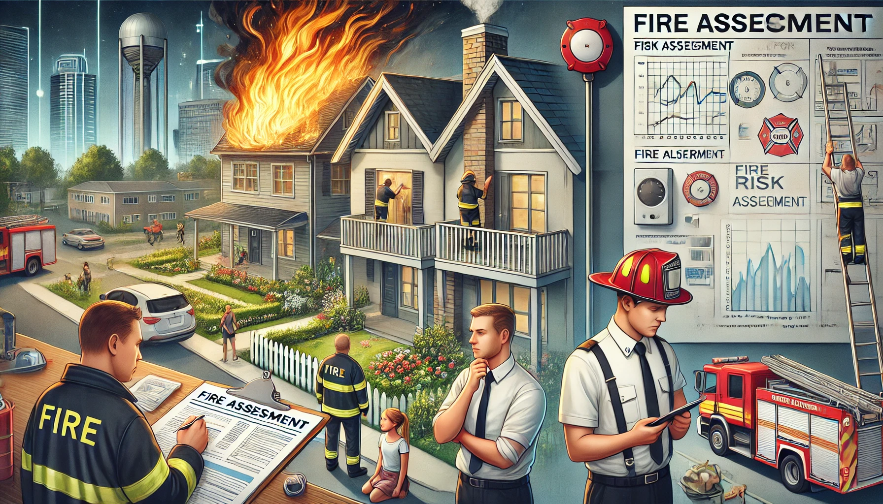 Firefighters respond to a house fire; some fight flames while others rescue people. In the foreground, officials review fire safety inspection documents and charts. Emergency vehicles and city buildings are visible in the background.