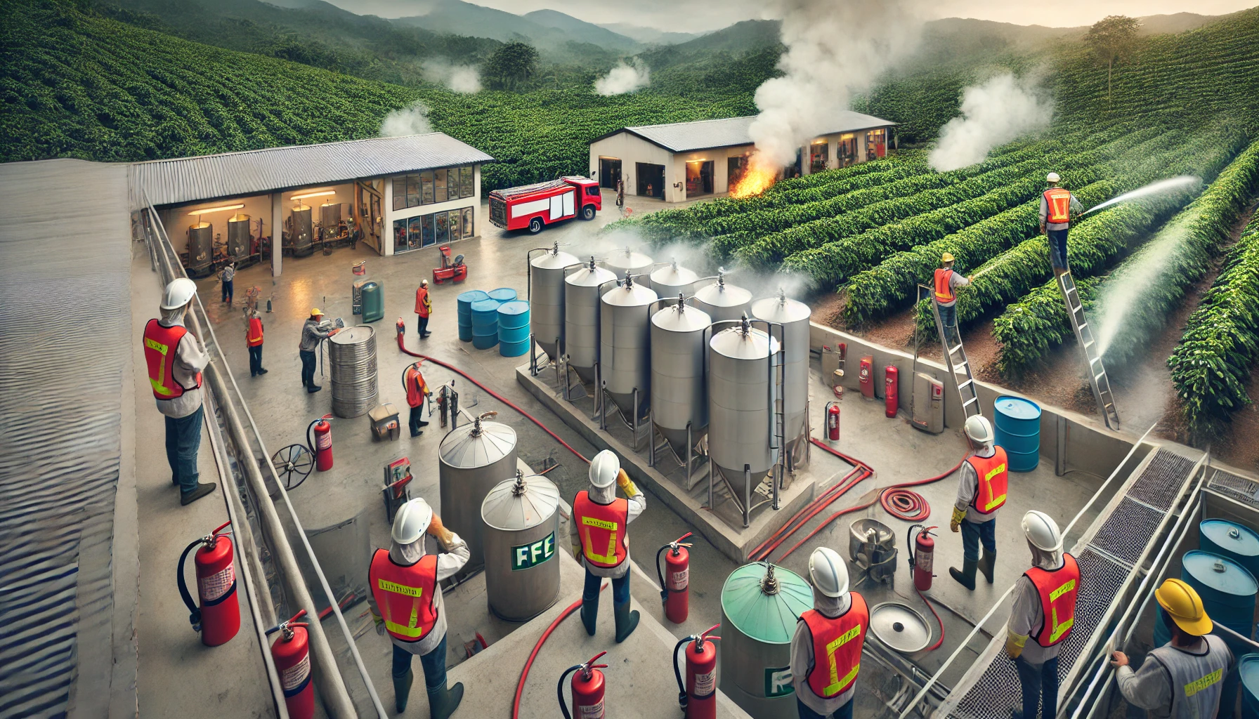 Workers in safety vests use fire equipment to put out a fire in buildings near large tanks, following a recent fire risk assessment at a facility surrounded by green fields, with smoke, a firetruck, and mountains in the background.