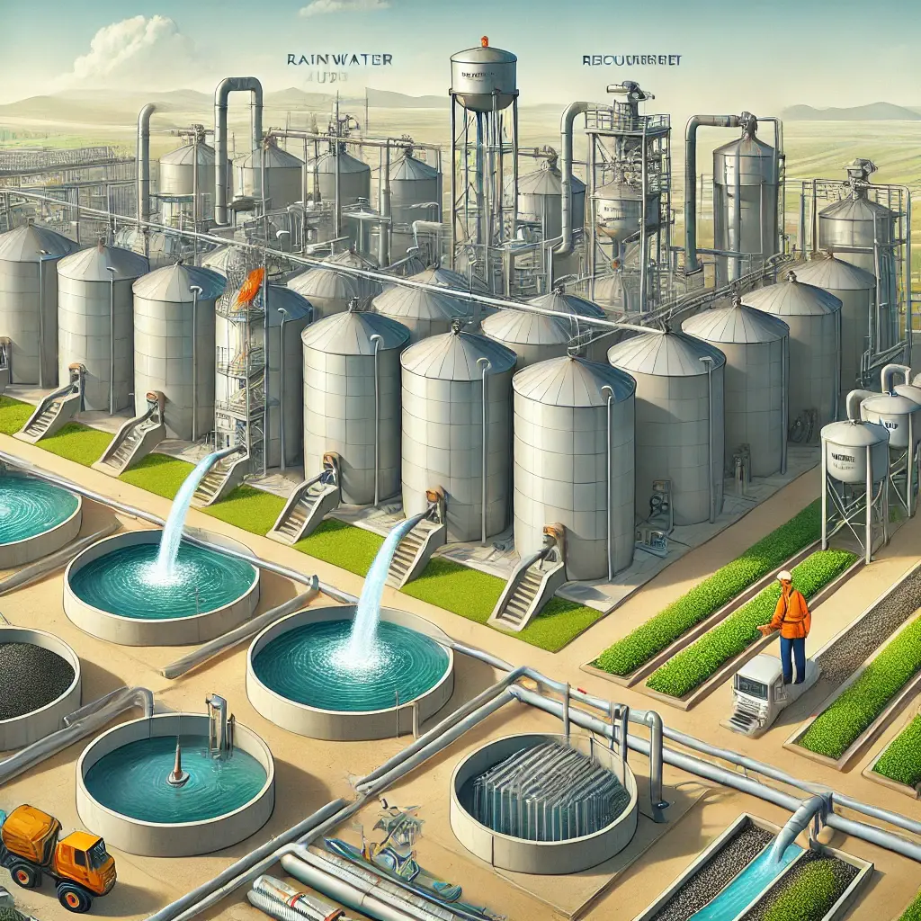 An industrial water processing facility with large metal tanks, round pools, pipes, and a worker in an orange vest near green crops, illustrating rain water harvesting and resource recovery processes.