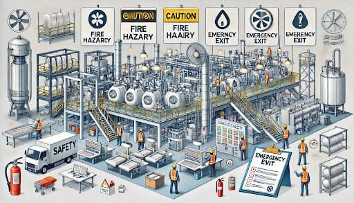 Illustration of a busy industrial factory with workers in safety gear, emergency exit signs, fire hazard warnings, safety equipment, and a large emergency exit checklist in the foreground highlighting workplace safety and compliance.