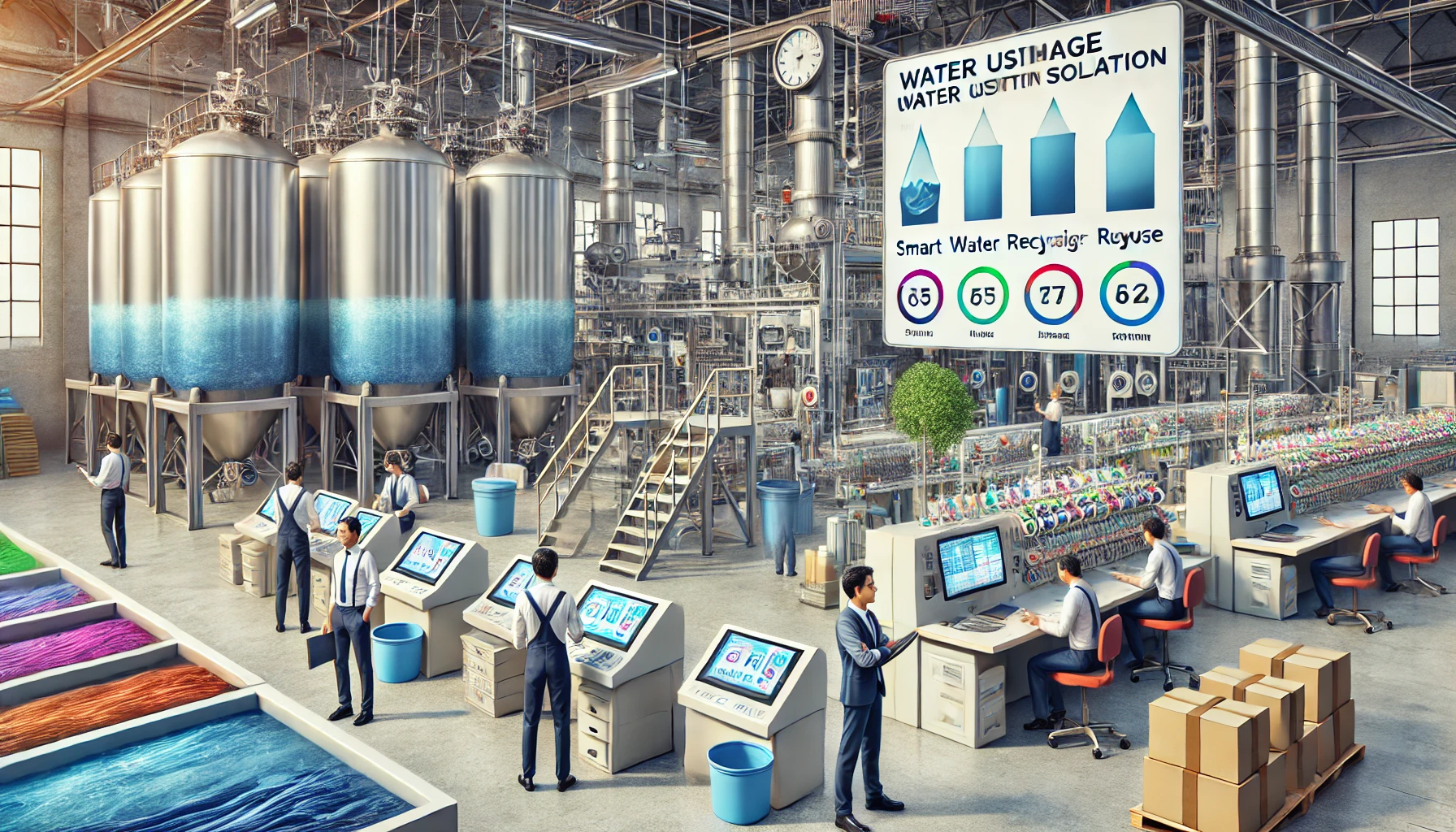 A modern textile factory where workers use digital tablets, large water tanks, and displays showing water usage stats from a recent water usage audit. Fabrics, dye vats, and packing boxes are visible in the organized workspace.