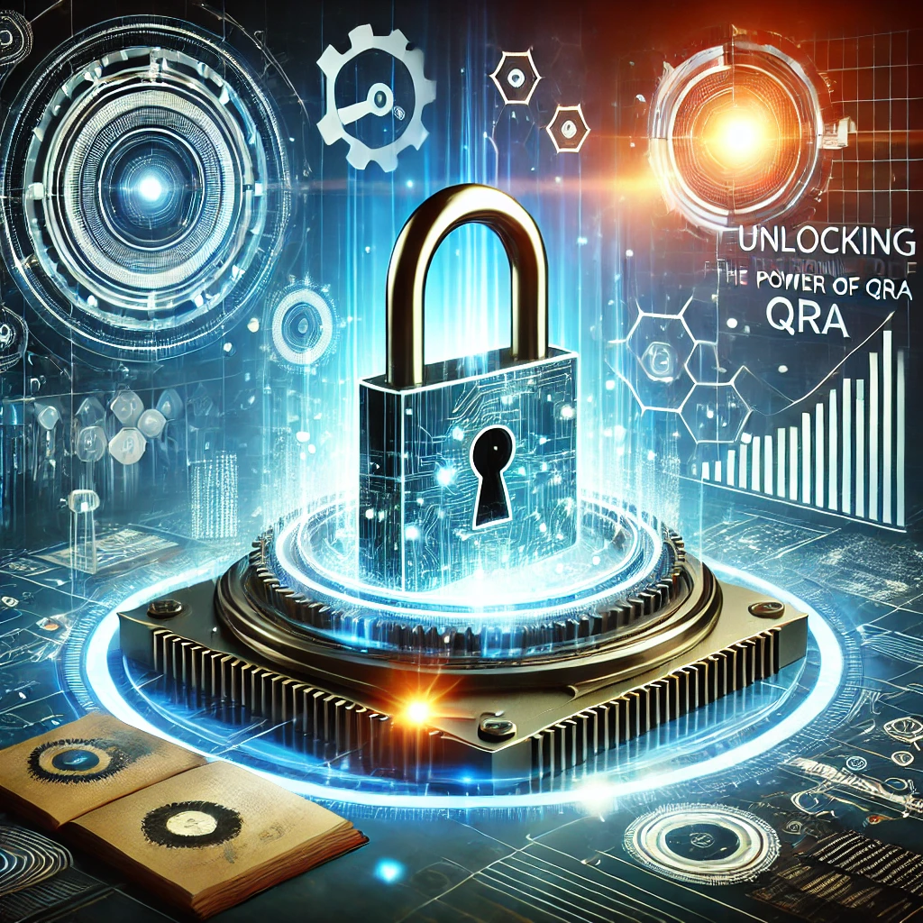 A glowing padlock hovers above a computer chip surrounded by digital graphics, circuit patterns, and charts, symbolizing cybersecurity and Quality Risk Assessment. An open book lies nearby, highlighting the importance of effective risk control and management.
