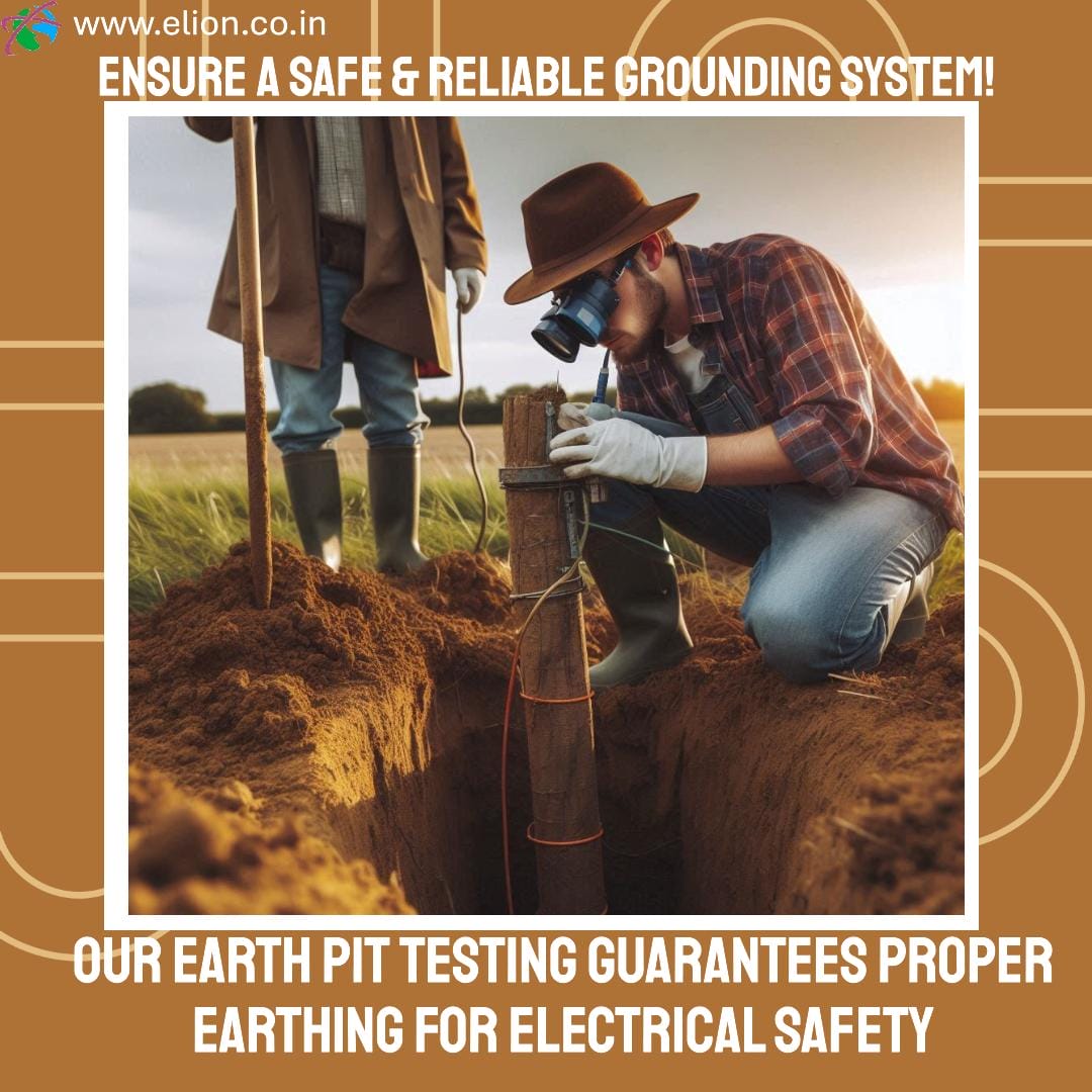 Two workers, one kneeling and performing earth pit testing with equipment, ensure proper earthing for electrical safety at a construction site. Text promotes a safe and reliable grounding system.