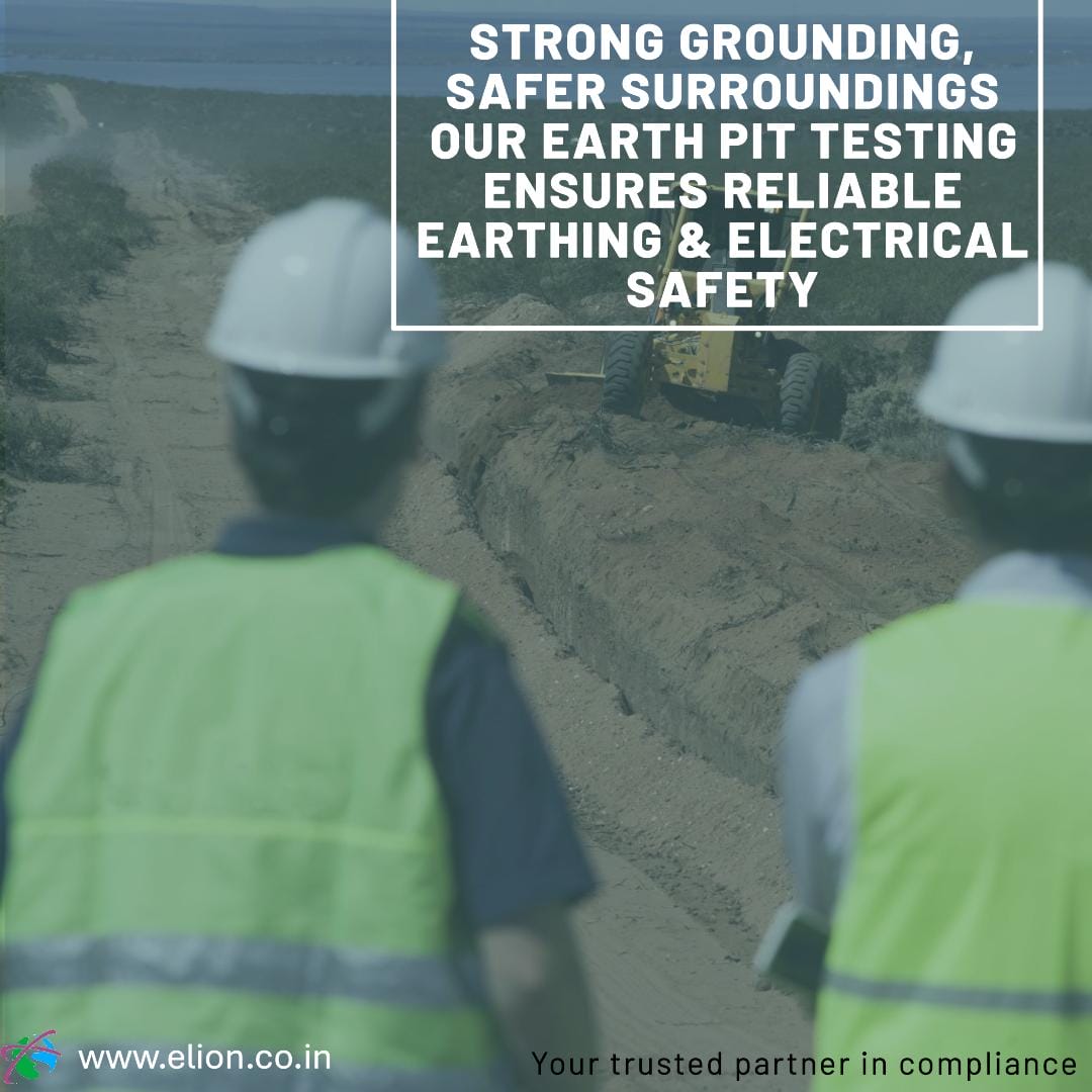 Two workers in safety gear observe a construction site with heavy machinery, emphasizing the importance of Earth Pit Testing and pit testing for reliable earthing and electrical safety. Text and company branding are overlaid.