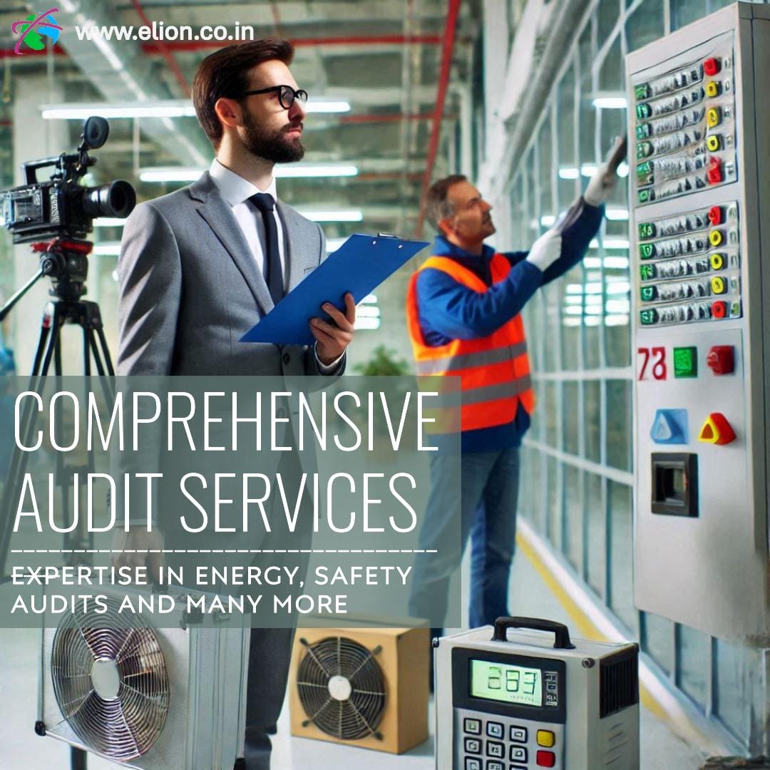 A man in a suit holds a clipboard while observing another worker in a safety vest inspecting control panels and equipment. Text reads Comprehensive Audit Services: Expertise in energy safety audits, workplace energy safety, and more.