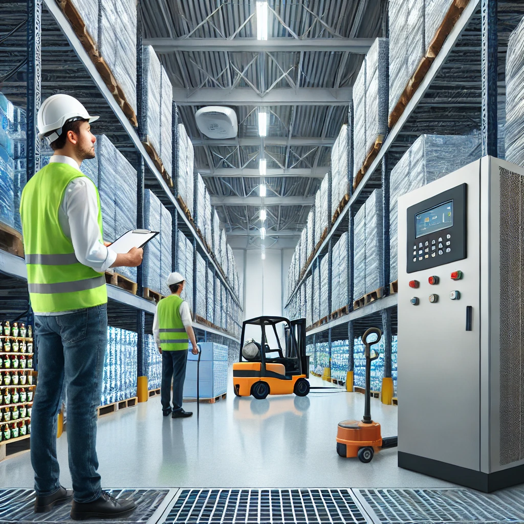 Two workers in safety vests and helmets perform a Quality Control Audit with tablets in a modern warehouse filled with stacked pallets and shelves, while a forklift and control panel are visible in the foreground.