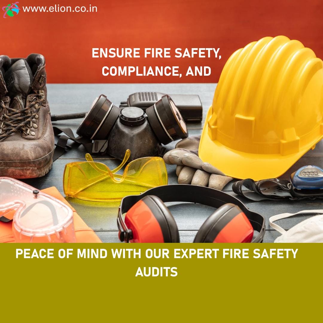 A collection of safety gear—helmet, boots, gloves, goggles, ear muffs, and a respirator—sits on a table with the text: Ensure fire safety, compliance, and peace of mind with our expert fire risk assessment and audits.