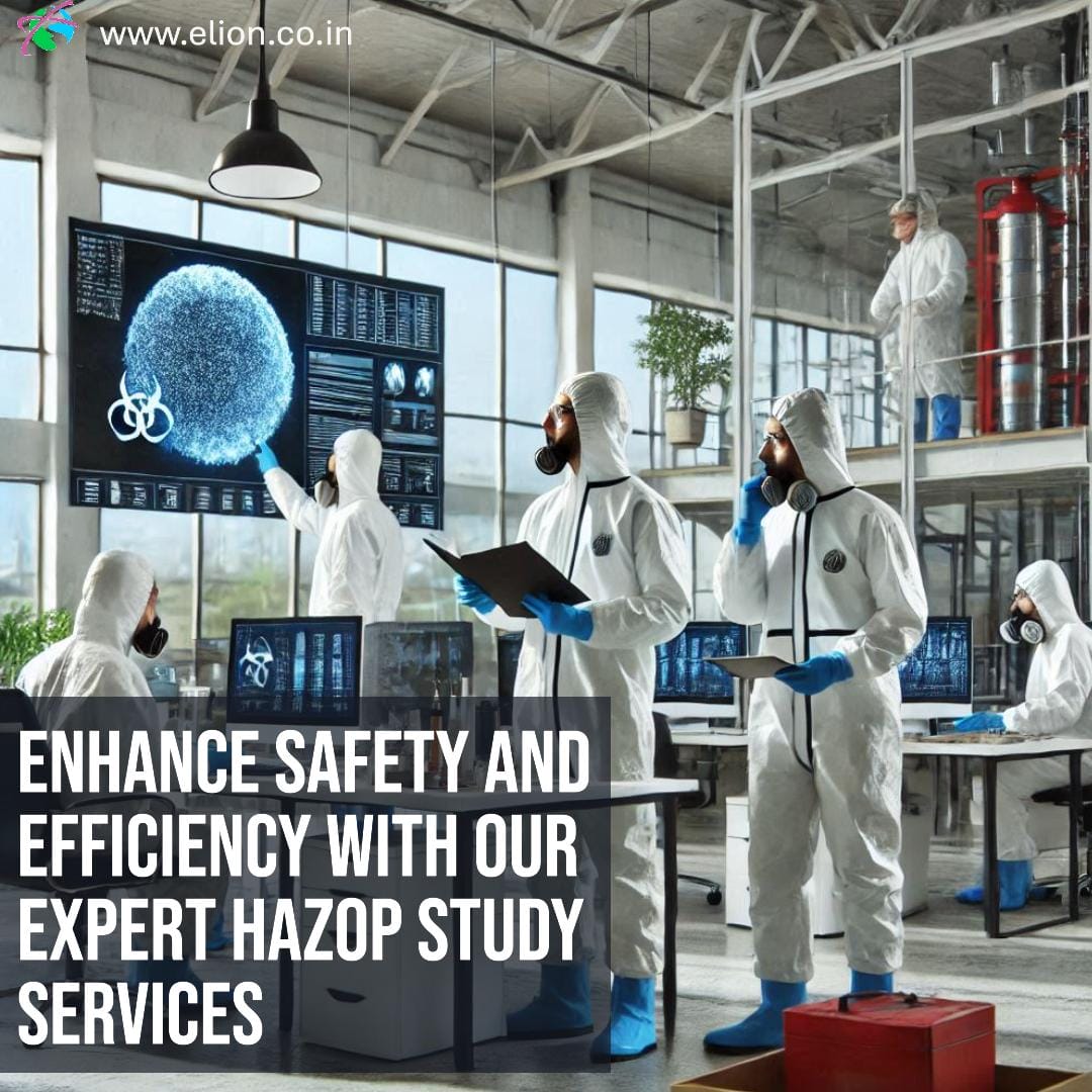Four people in protective suits and masks work in a modern lab with large monitors displaying scientific data. Text reads: Enhance safety and efficiency with our expert hazard and operability study (HAZOP) services.