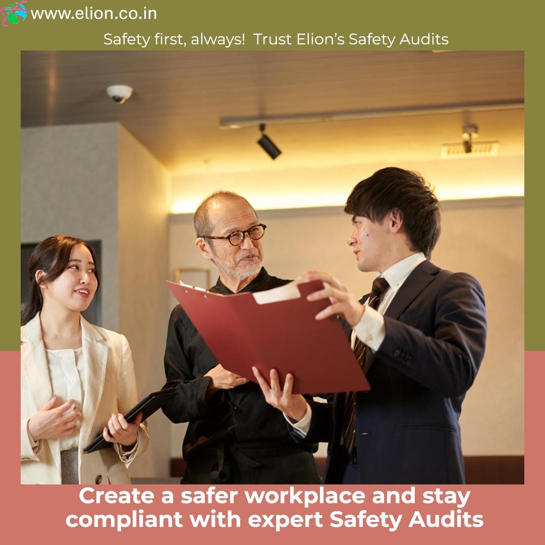 Three professionals, two men and one woman, discuss documents in a modern office. Text promotes Elion’s Safety Audits, emphasizing workplace safety and compliance through thorough risk assessment and safety audit solutions.