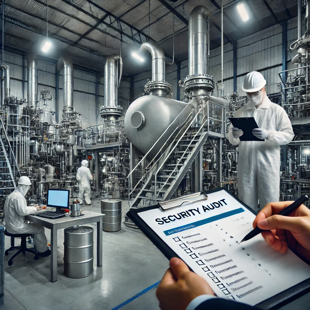 Workers in protective suits inspect and monitor equipment in a large industrial facility, while someone in the foreground fills out a security audit checklist to ensure compliance with safety protocols.