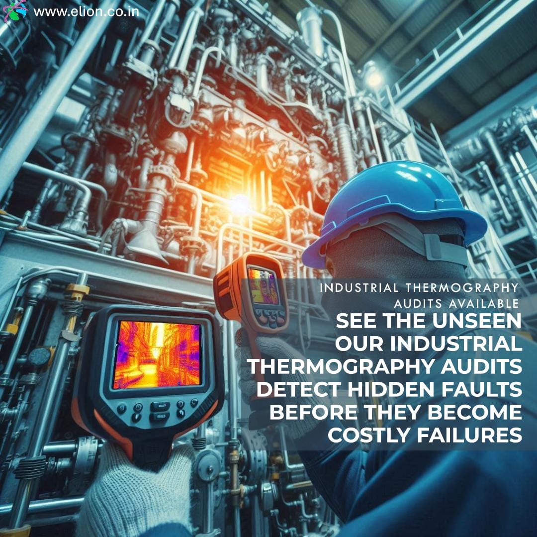 A person in safety gear uses a thermal camera to inspect complex industrial pipes, with a thermal image displayed on the camera screen. Text promotes industrial thermography audits to detect hidden faults.