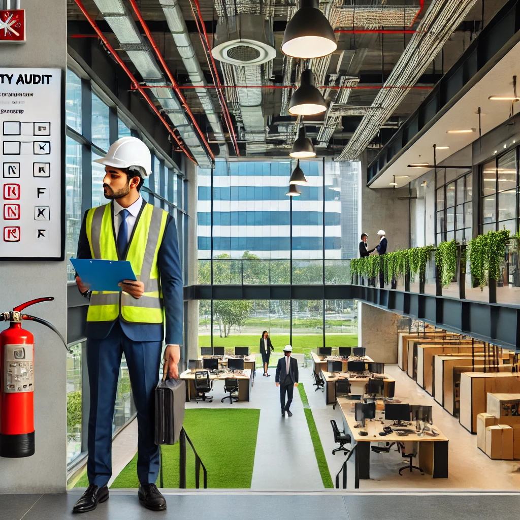 A safety inspector conducts a Workplace Safety audit in a modern IT Park office in Hyderabad, Telangana, holding a clipboard and briefcase amid glass walls, open workspaces, plants, and a wall-mounted fire extinguisher.