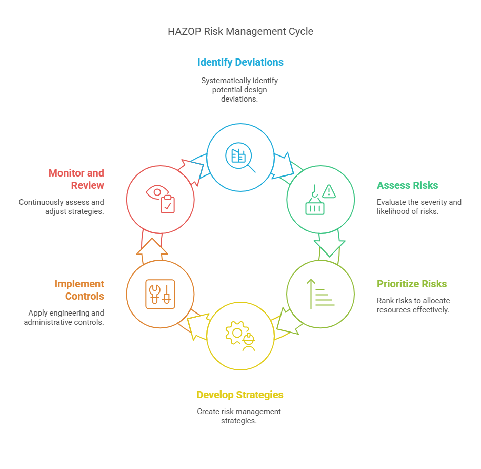 A circular flowchart titled HAZOP Risk Management Cycle with six colored steps illustrates the HAZOP Study process: Identify Deviations, Assess Risks, Prioritize Risks, Develop Strategies, Implement Controls, and Monitor and Review.