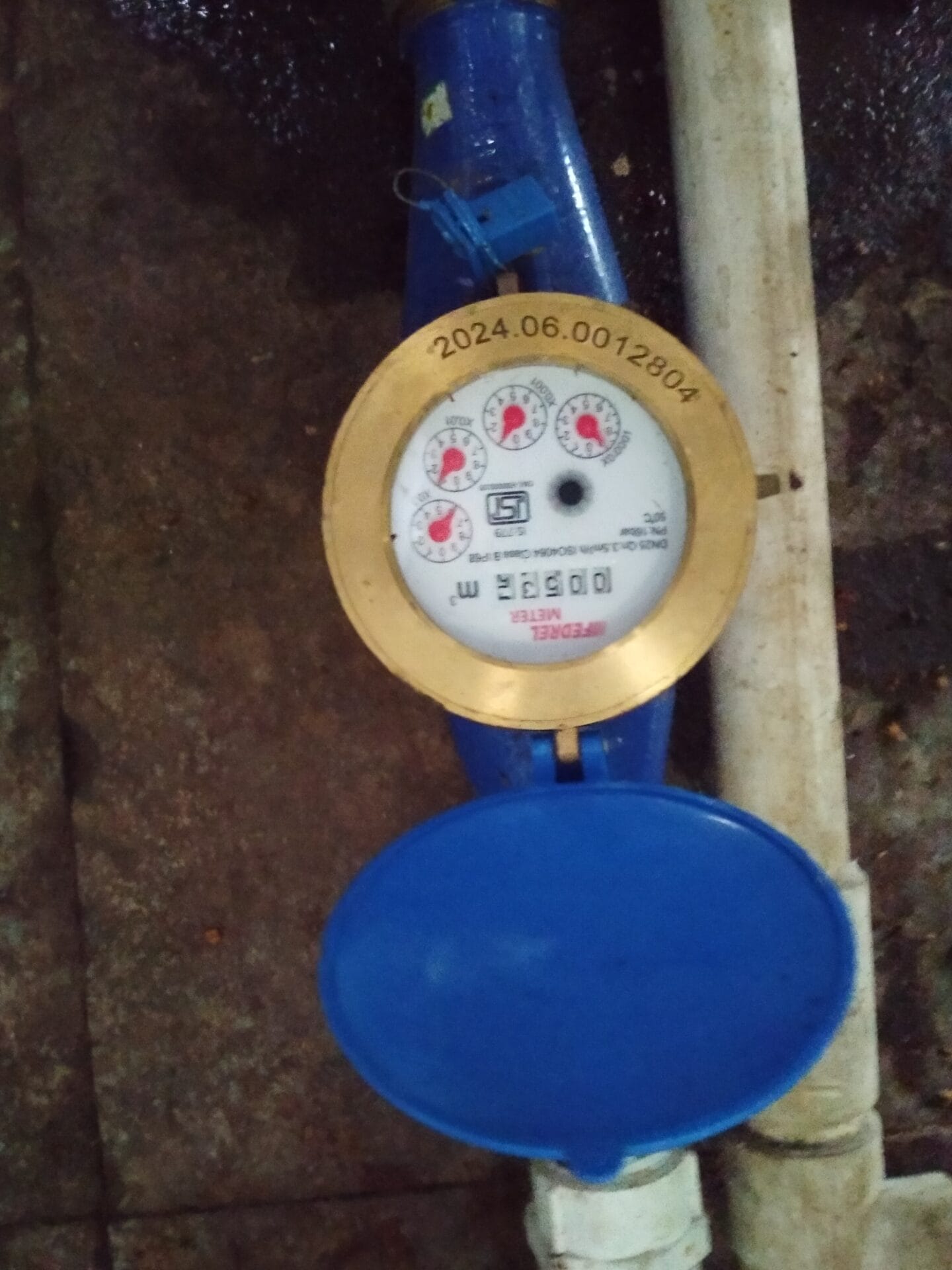 A close-up of a blue water meter with a round gauge and numbered dials, showing serial number 2024.06.0012804. Ideal for conducting a water usage audit, the meter is installed on pipes over a textured brown surface.