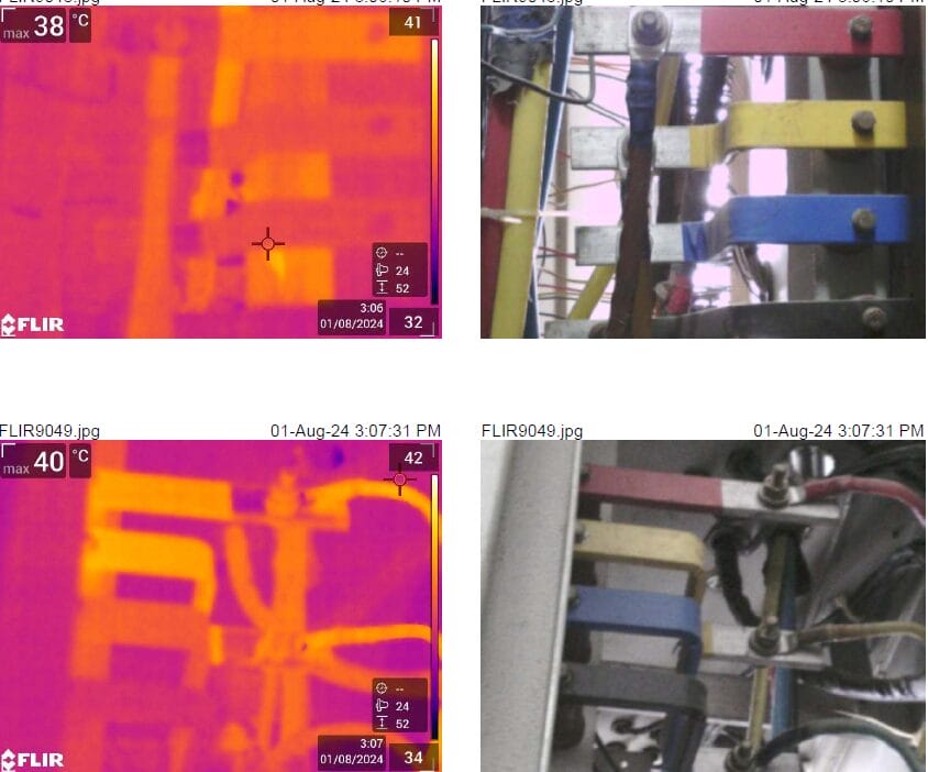 A set of thermal and regular images shows electrical components; Mechanical Thermography highlights heat patterns in orange, yellow, and purple, while the regular photos display colored cables and metal connections.