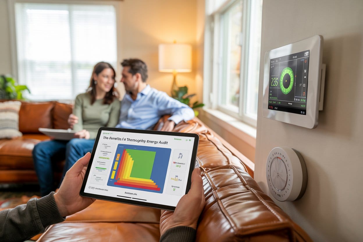 A person holds a tablet showing a thermography energy audit graph, while a couple sits on a couch in the background. A smart thermostat displaying energy usage is mounted on the wall nearby.