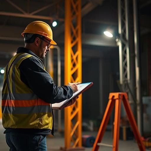 A construction worker wearing a hard hat and reflective vest reviews documents on a clipboard in a dimly lit industrial setting, possibly conducting a lightning risk assessment, with orange safety barriers and structural beams nearby.