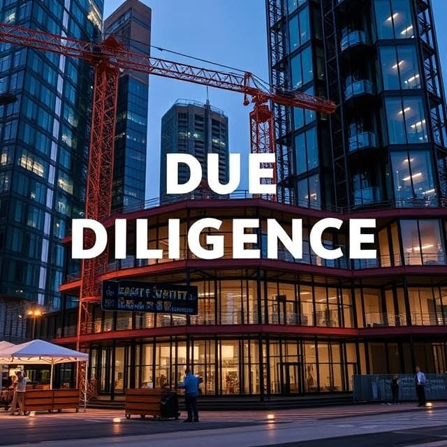 Evening view of modern glass office buildings and a red construction crane, with the words building Due Diligence in bold white text centered over the image. People are walking near the building’s entrance.