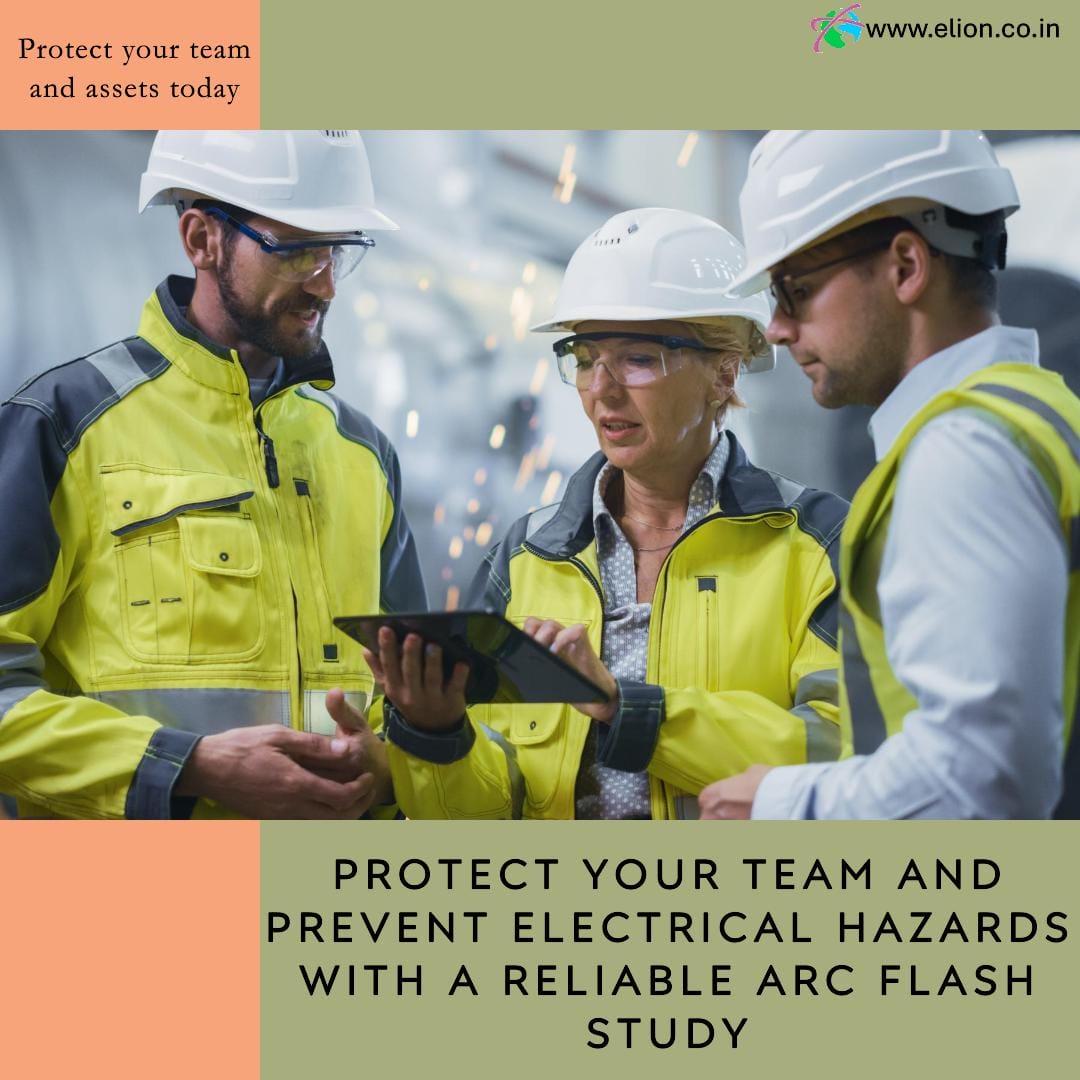 Three workers in safety gear and hard hats discuss information on a tablet in an industrial setting. Text promotes protecting teams from electrical hazards with an arc flash study and an electrical safety audit.