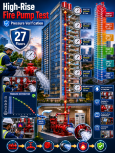 Fire pump testing at a high-rise commercial tower in Gurgaon — pressure and flow measurement at multiple floor zones per NBC 2016