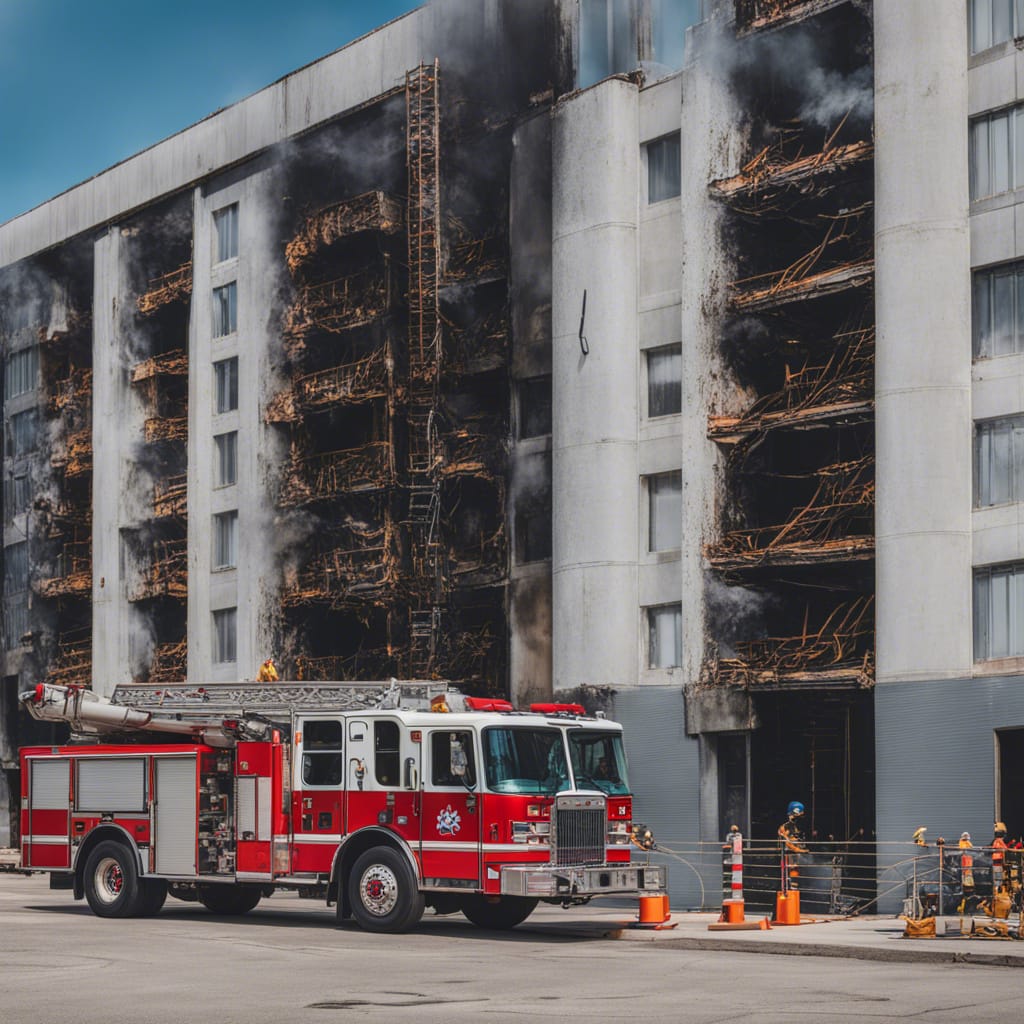 A red fire truck is parked in front of a large, multi-story building with fire damage and blackened walls. Smoke rises as firefighters work nearby, following a recent fire safety inspection with safety cones set up around the area.