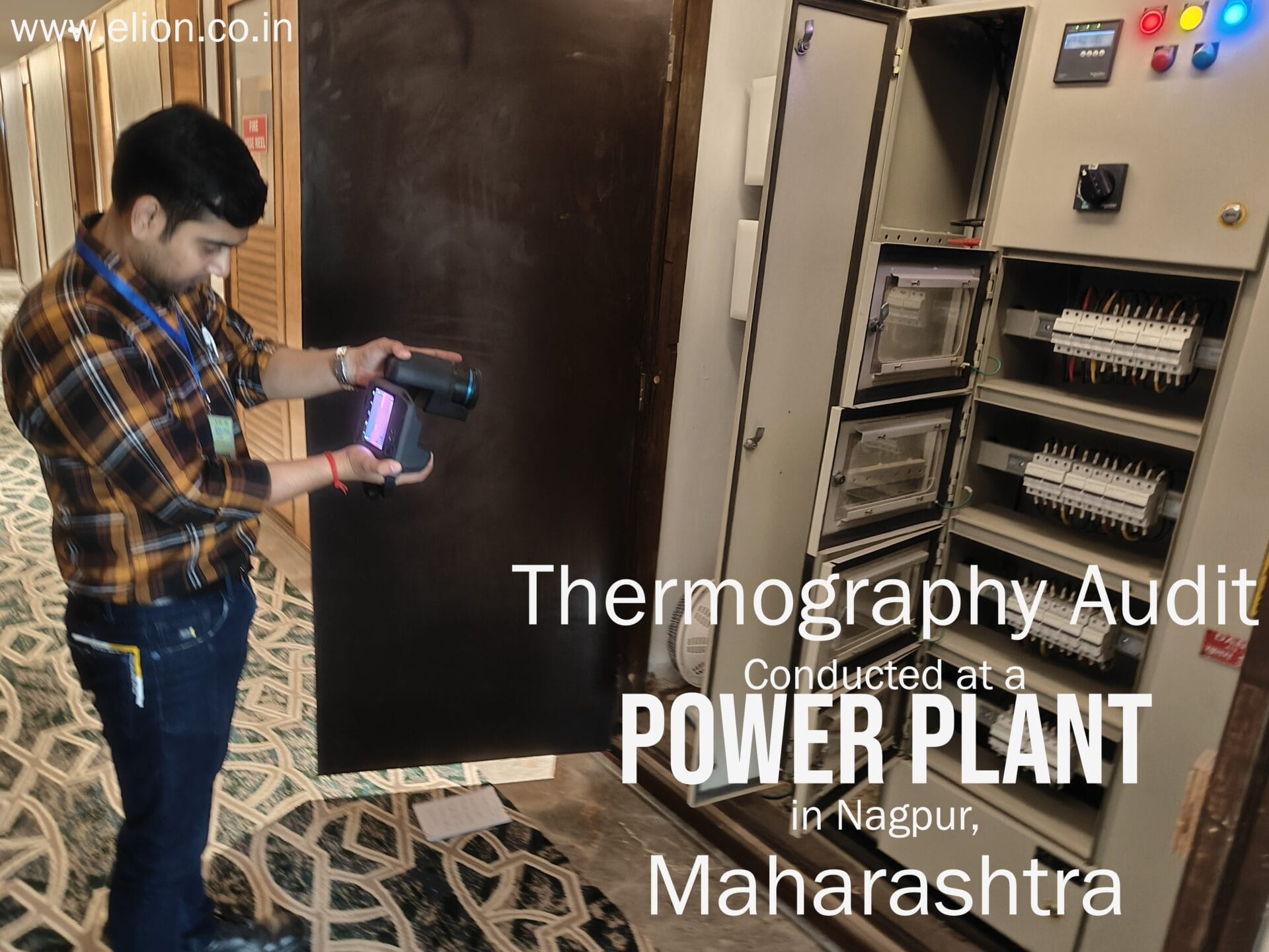 A man uses a handheld thermal camera for an electrical thermography inspection of panels during a thermography audit at a power plant in Nagpur, Maharashtra. The image includes audit details and a website URL.