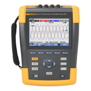 A yellow and gray Fluke 435 Series II power quality and energy analyzer displays multiple colored waveforms on its screen, with various control buttons and a navigation pad below the display.