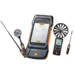 Four digital anemometers with displays and fan blades are shown; one is a large handheld device with a touchscreen, and the others are smaller instruments used for measuring air flow and temperature.