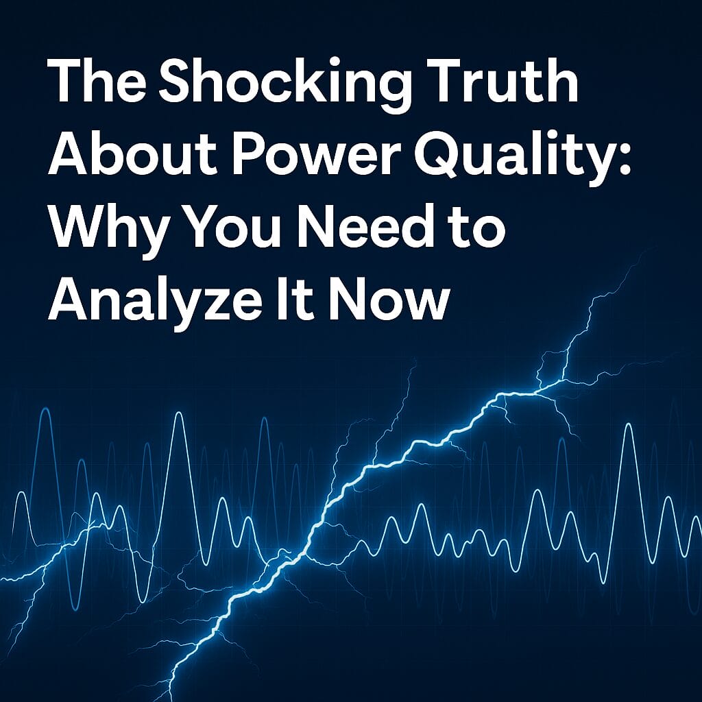 White text on a dark blue background reads, “The Shocking Truth About Power Quality: Why You Need to Analyze It Now,” above blue lightning bolts and a stylized waveform, highlighting the importance of power quality analysis by Elion Technologies.