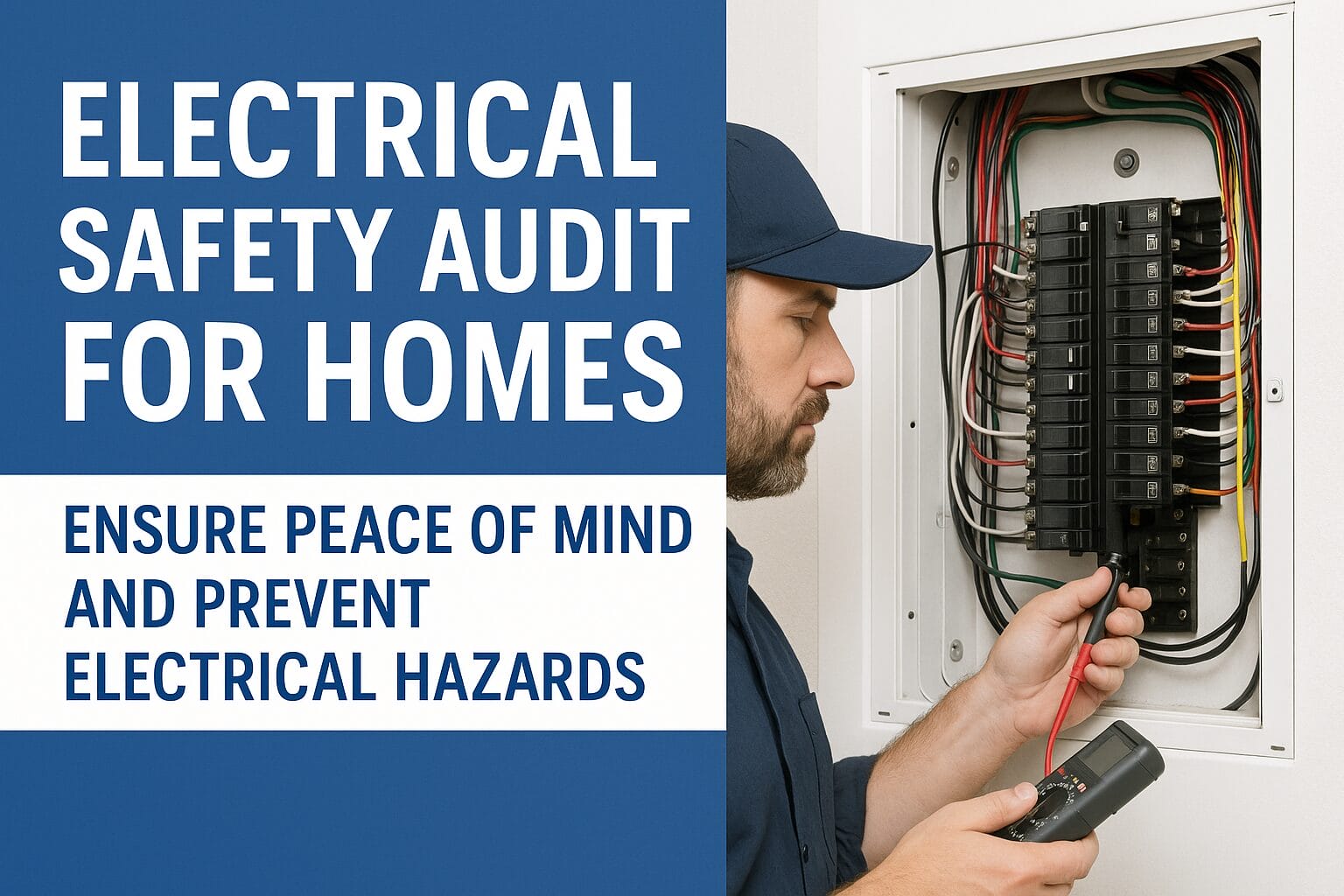 A man in a blue cap inspects a home electrical panel with a tool. Text reads: Electrical Safety Audit for Homes. Discover the benefits of electrical audit to ensure peace of mind and prevent hazards.
