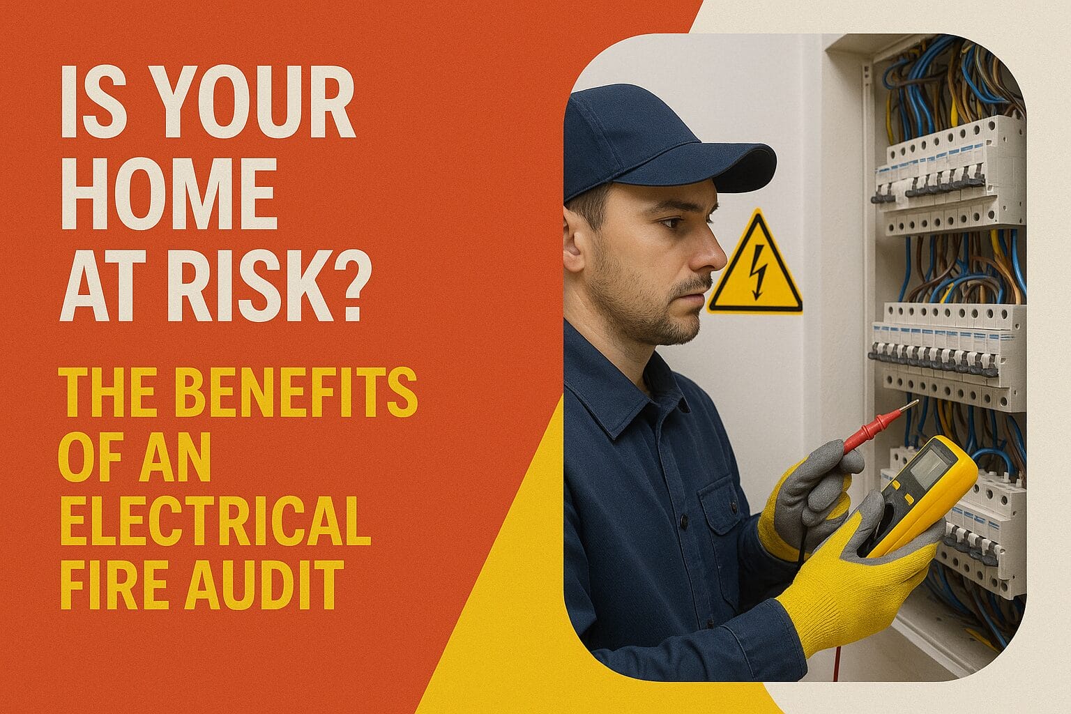 A technician wearing gloves uses a multimeter to inspect an electrical panel. Text reads: Is your home at risk of fire damage? Discover the benefits of an electrical fire audit.