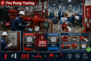 Fire pump testing setup at a plastic manufacturing unit in Bhopal — flow and pressure measurement per NFPA 25 standards