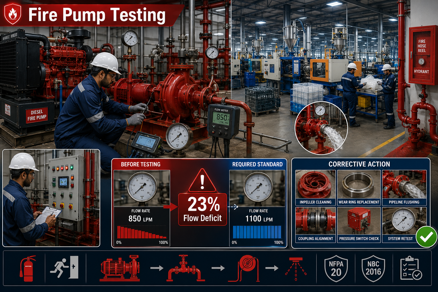 Fire pump testing setup at a plastic manufacturing unit in Bhopal — flow and pressure measurement per NFPA 25 standards