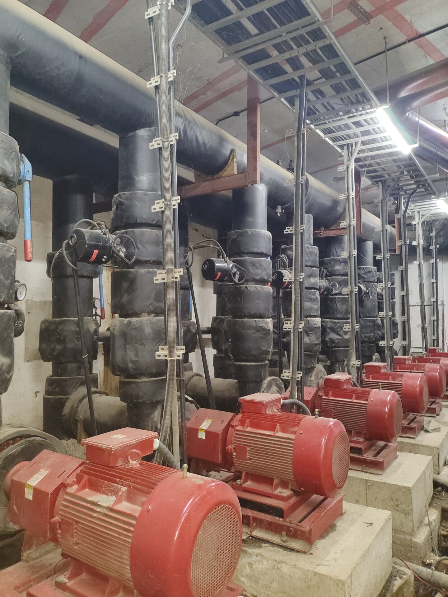 Rows of large red industrial pumps are lined up on concrete bases, connected to insulated black pipes in a mechanical room. Overhead, cable trays and lighting are visible—part of an IT data center in Hyderabad Telangana.