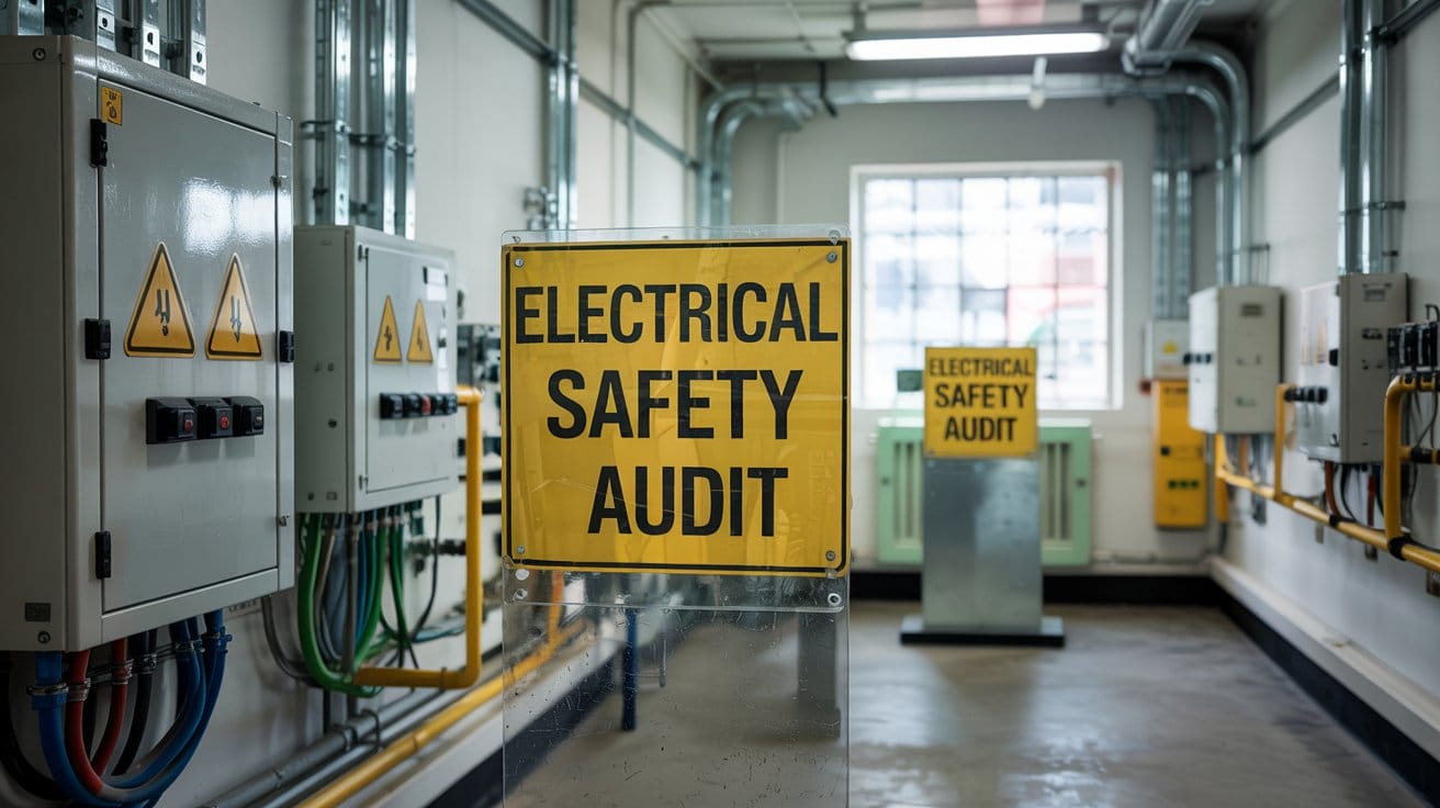 A room with electrical panels and warning signs, featuring a prominent yellow sign in the center that reads Electrical Safety Audit, highlights the importance of electrical safety compliance. Another similar sign is visible in the well-lit space.