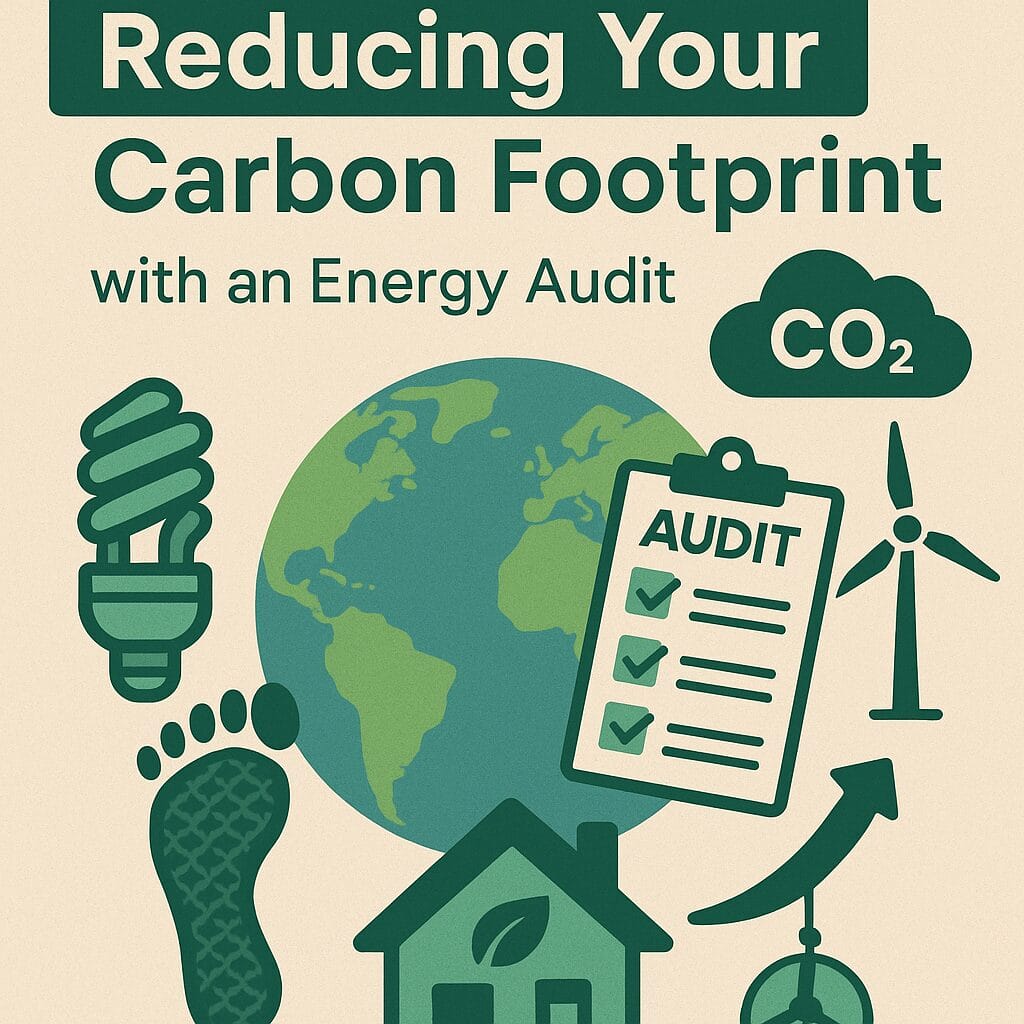 Illustration with text Reducing Your Carbon Footprint with an Energy Audit, featuring icons of a light bulb, wind turbine, checklist labeled Audit, footprint, house, globe, cloud labeled CO2—your energy audit guide to sustainable living and eco-friendly practices.