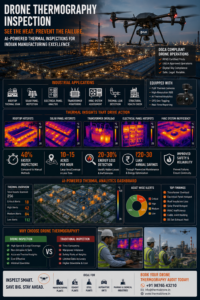Drone carrying thermal infrared camera flying over industrial facility in India for aerial thermography inspection
