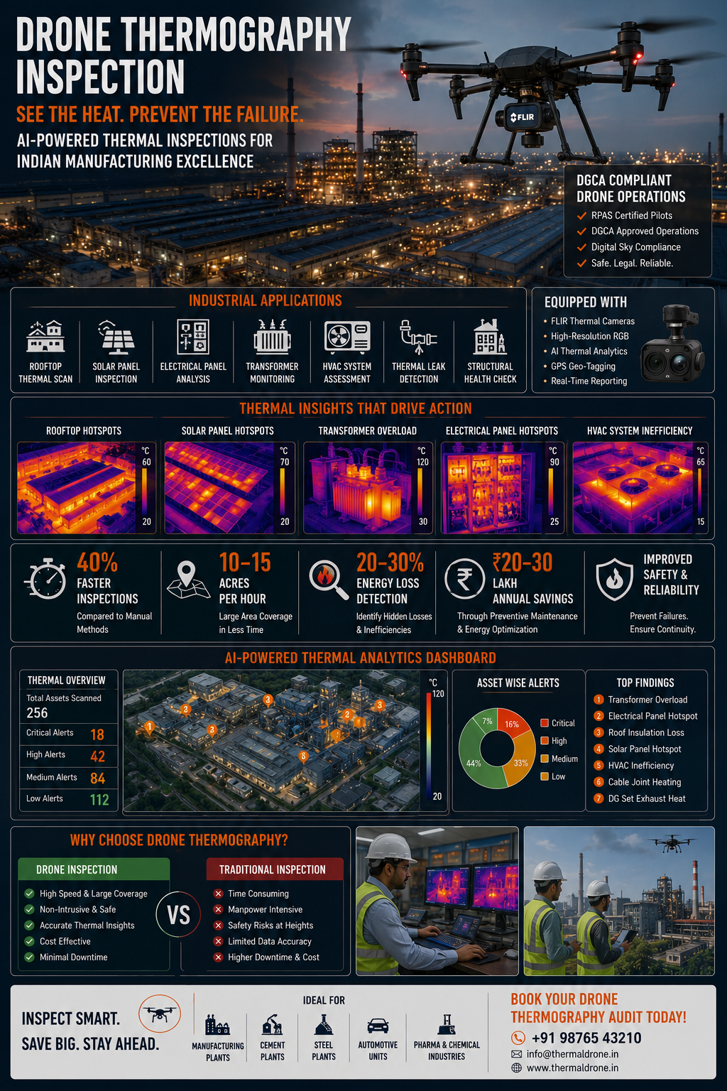Drone carrying thermal infrared camera flying over industrial facility in India for aerial thermography inspection