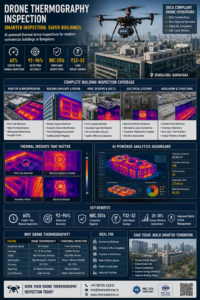 Drone performing thermal infrared inspection of commercial building facade in Indian city