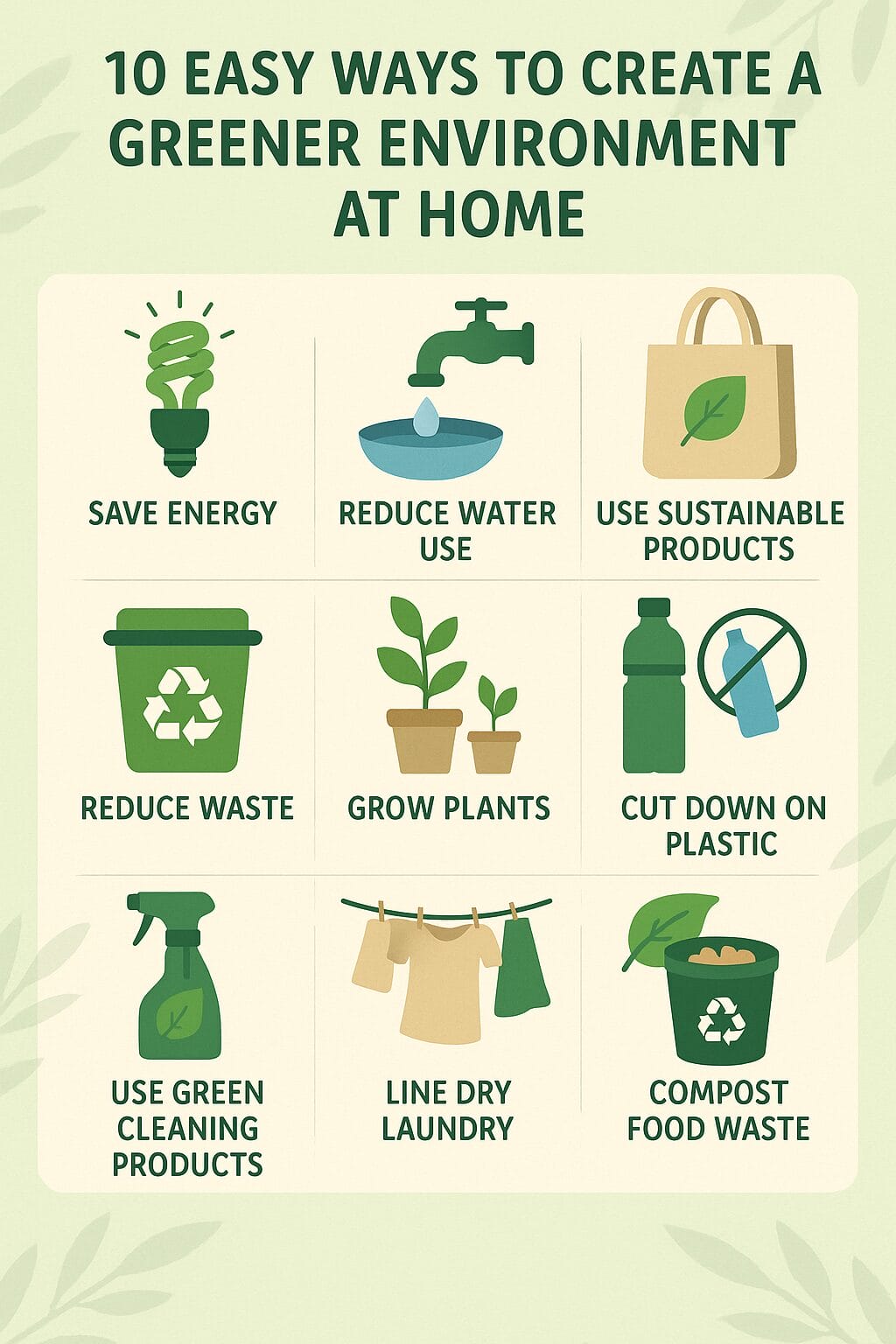 An infographic titled 10 Easy Ways to Create a Greener Environment at Home, featuring icons and eco-friendly tips like energy conservation at home, using green cleaning products, composting food waste, and more green home ideas.