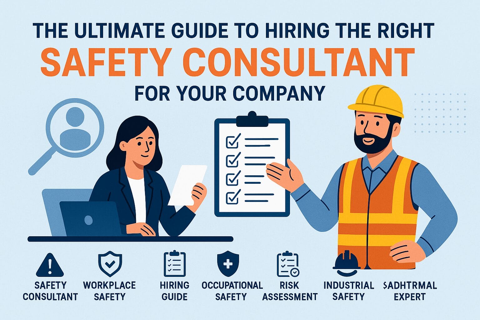 Illustration of a woman at a laptop and a male safety consultant in a hard hat with checklist and icons for different safety roles, highlighting workplace safety and the importance of hiring a Safety Consultant for effective risk assessment.
