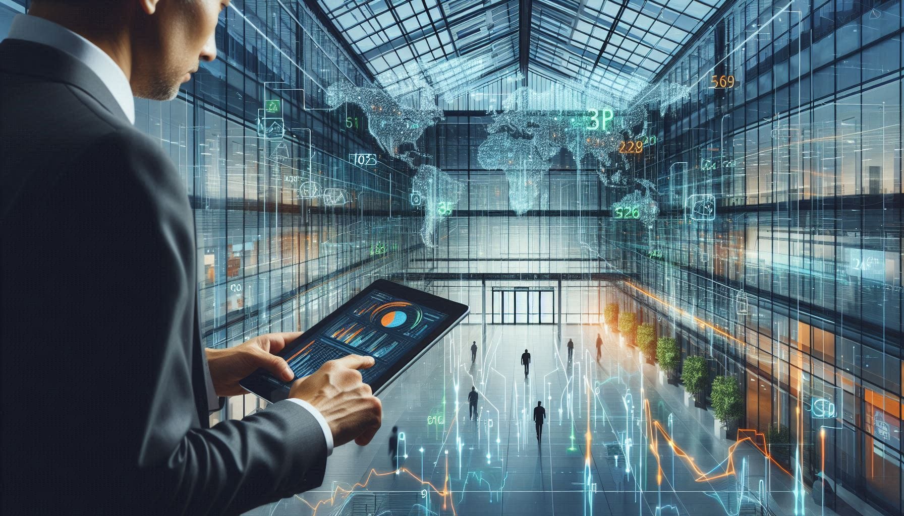 A businessman in a suit uses a tablet displaying a Business Fire Safety Checklist in a modern glass office atrium, with digital graphs, charts, and world maps projected around him in the bright, high-tech environment.