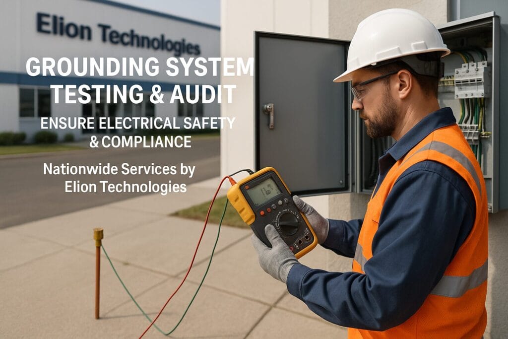 A technician in safety gear tests an electrical panel outdoors with a multimeter. The text reads “Grounding System Testing & Audit—Ensure Electrical Safety & Compliance. Nationwide grounding audit services by Elion Technologies.”.