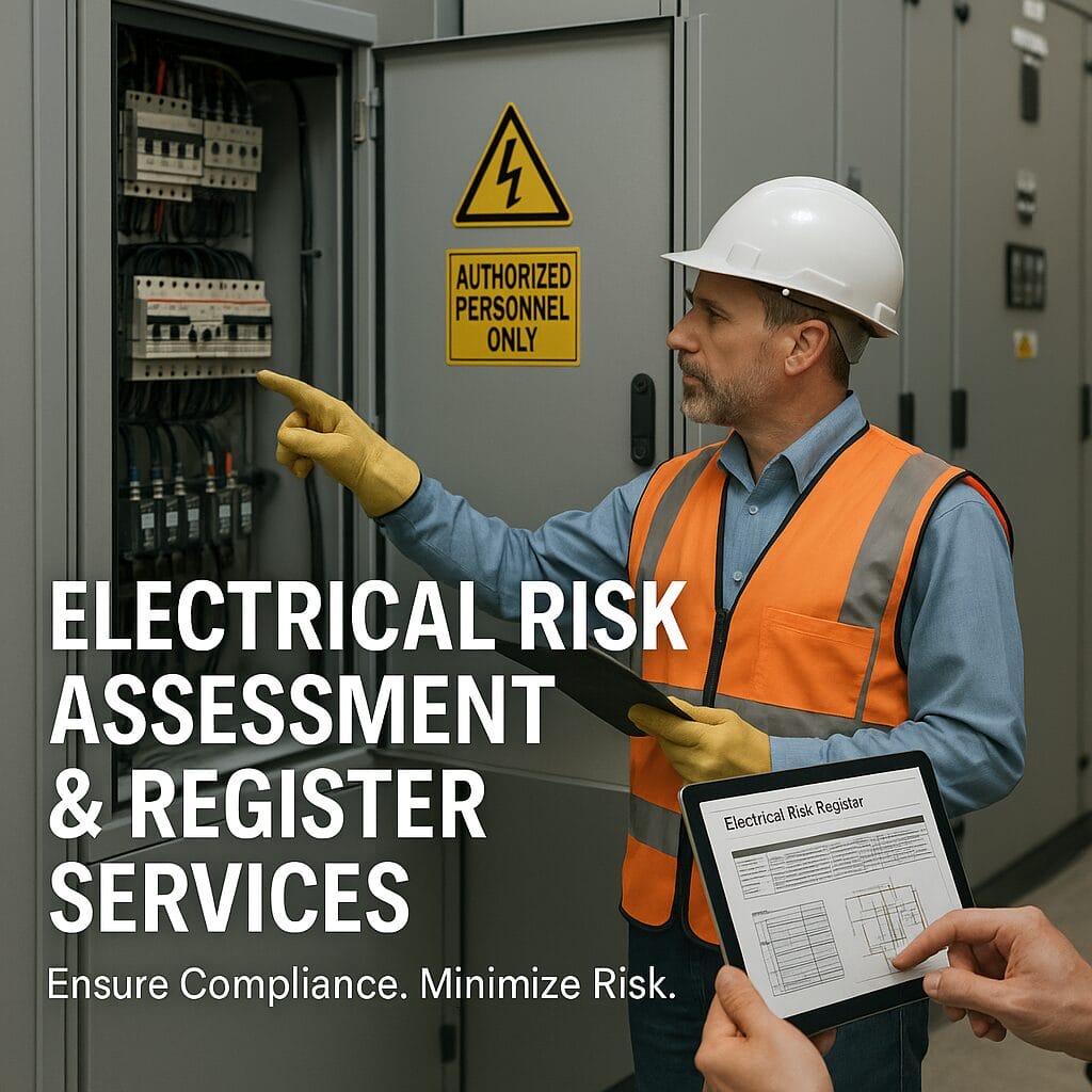 Two workers in safety gear inspect electrical panels; one points at the panel while holding a clipboard. Overlaid text reads “Electrical Risk Assessment & Register Services. Ensure Compliance. Minimize Risk with an electrical risk register.”.