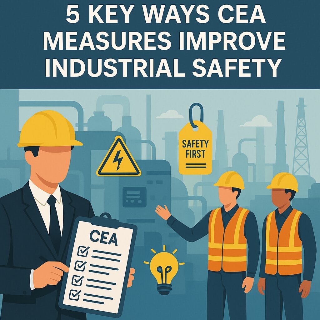 Illustration of an industrial setting with three workers in safety gear. One holds a clipboard labeled “CEA compliance,” while others stand near “Safety First” icons and equipment. Text reads 5 key ways CEA compliance measures improve industrial safety.