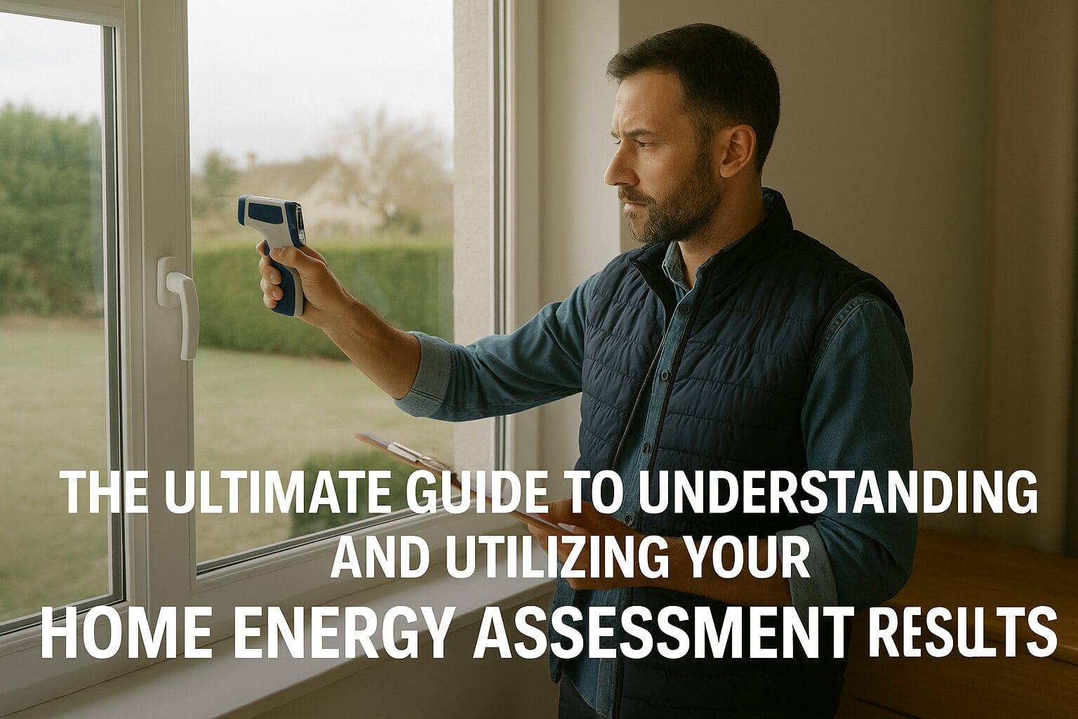 A man holds a handheld device next to a window, appearing to assess temperature or insulation. Text over the image reads: The Ultimate Guide to Understanding and Utilizing Your home energy assessment results.