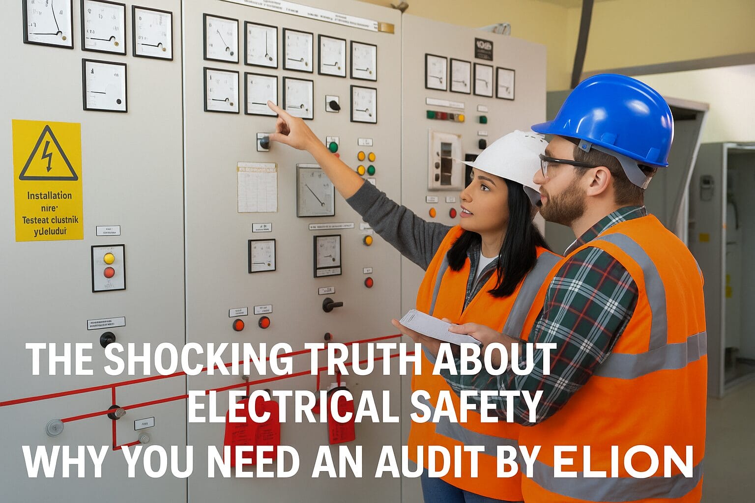 Two workers in safety gear check electrical control panels in a facility. A woman points at a gauge while a man holds a clipboard. Bold text reads: The Shocking Truth About Electrical Safety: Why You Need an Elion electrical audit.