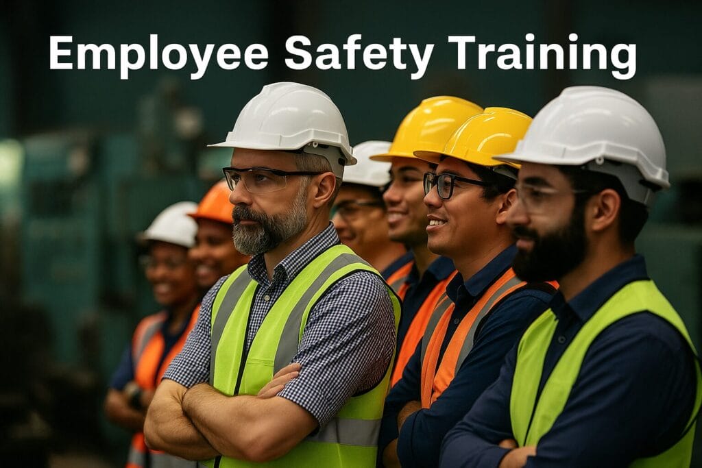 A group of employees wearing safety vests and helmets stand together, listening attentively. The text Employee Safety Training appears at the top, highlighting the importance of electrical equipment condition monitoring.